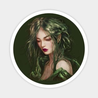 Beauty Girl Head with Long, Wavy Hair Blending Into Green Foliage Magnet